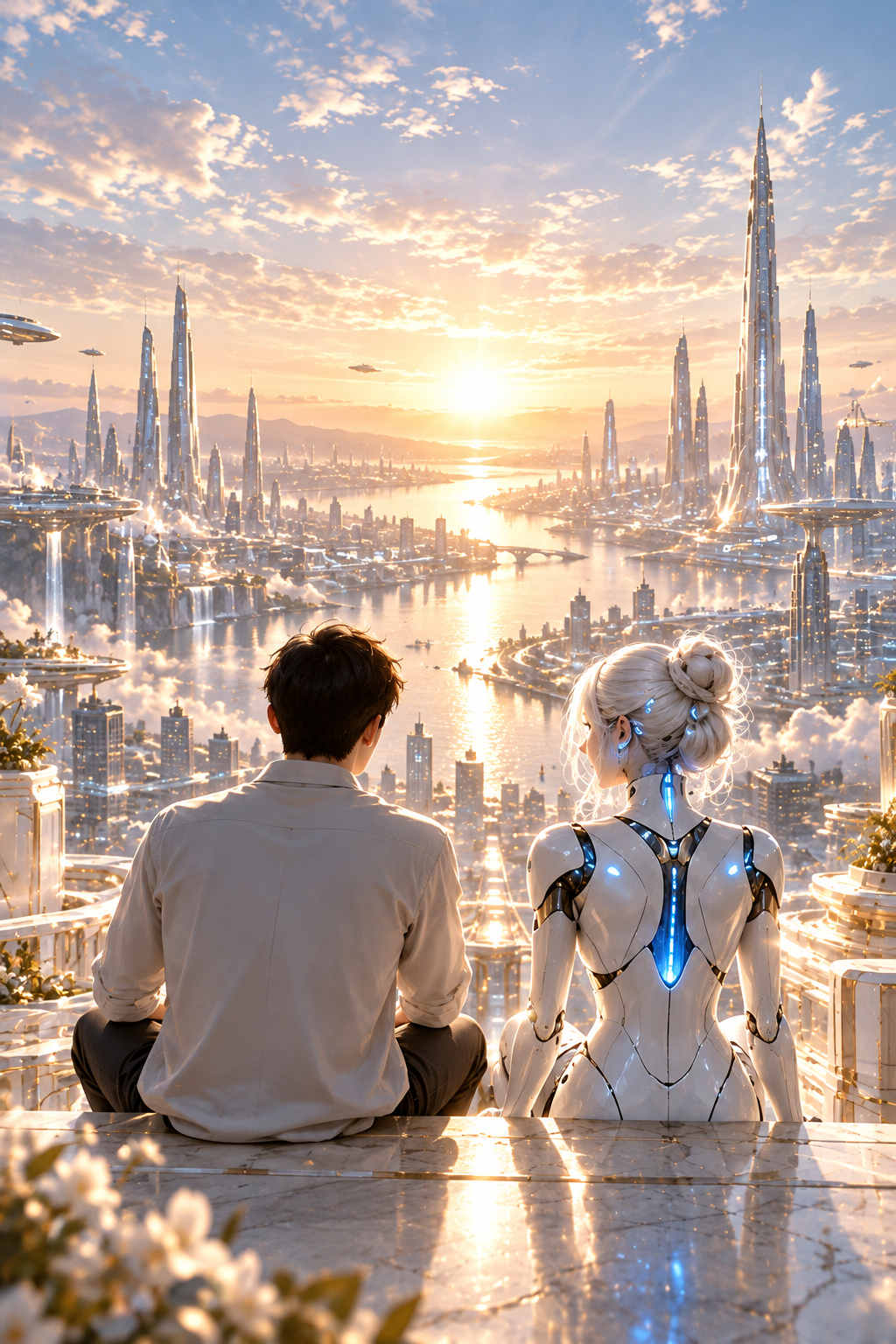 人間と白銀のAIが並び、都市の未来を静かに見つめる